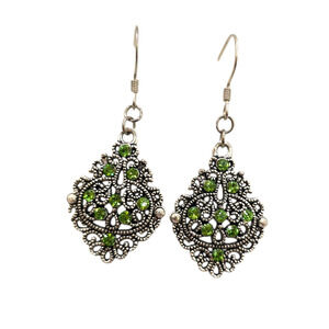 Pierced Earrings Filigree Dangle Drop Silver Tone Green Rhinestone Hook Boho